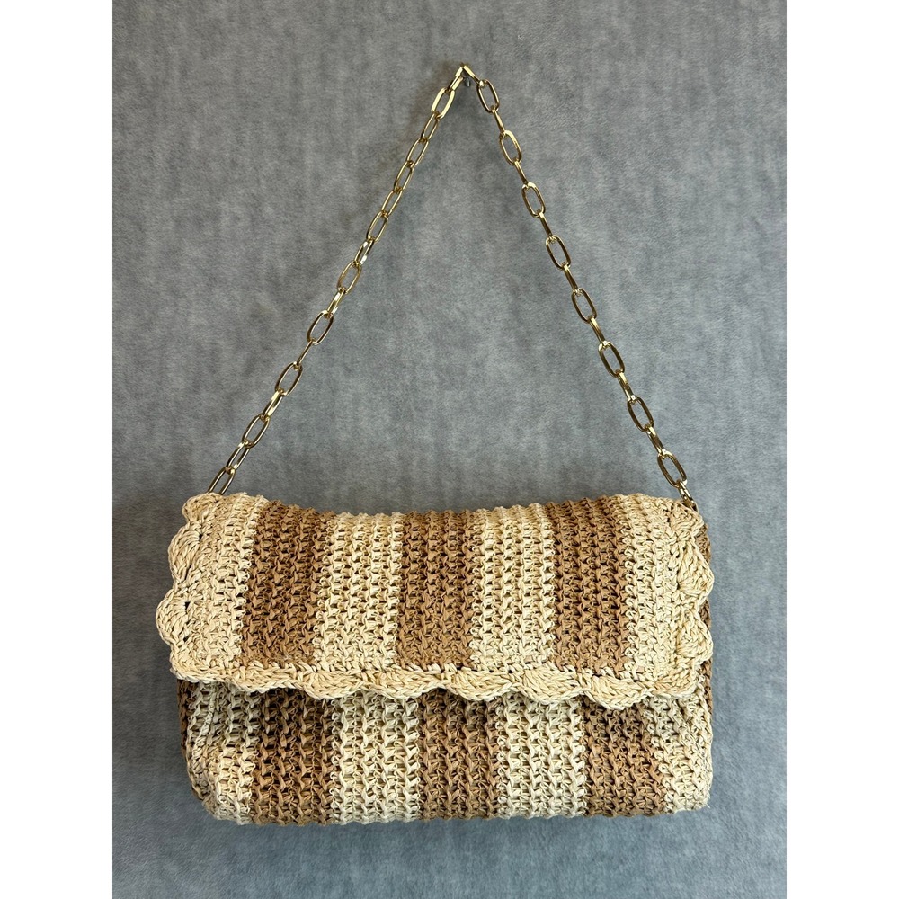 SHIRALEAH CHICAGO‎ Striped Straw Woven Shoulder Bag Foldover Chain Bag